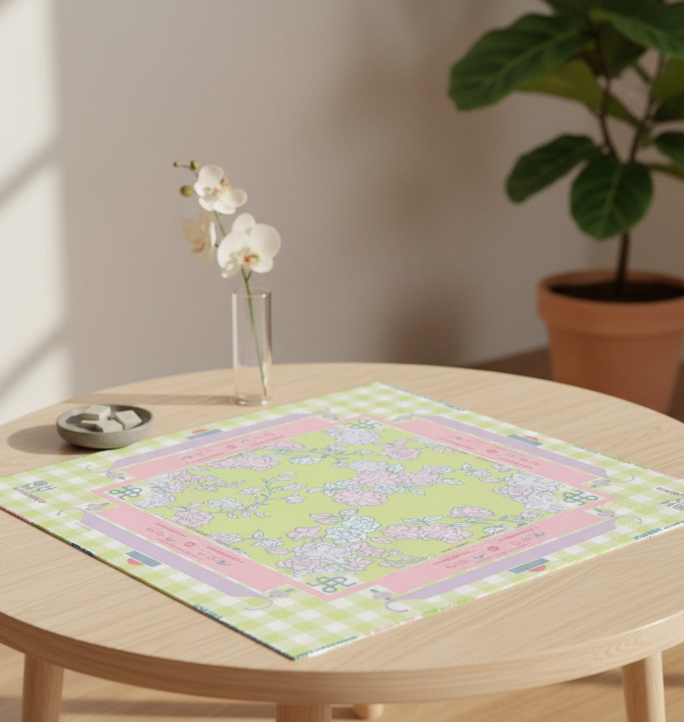 Mint green American mahjong mat with a pink gingham border and floral medallion design