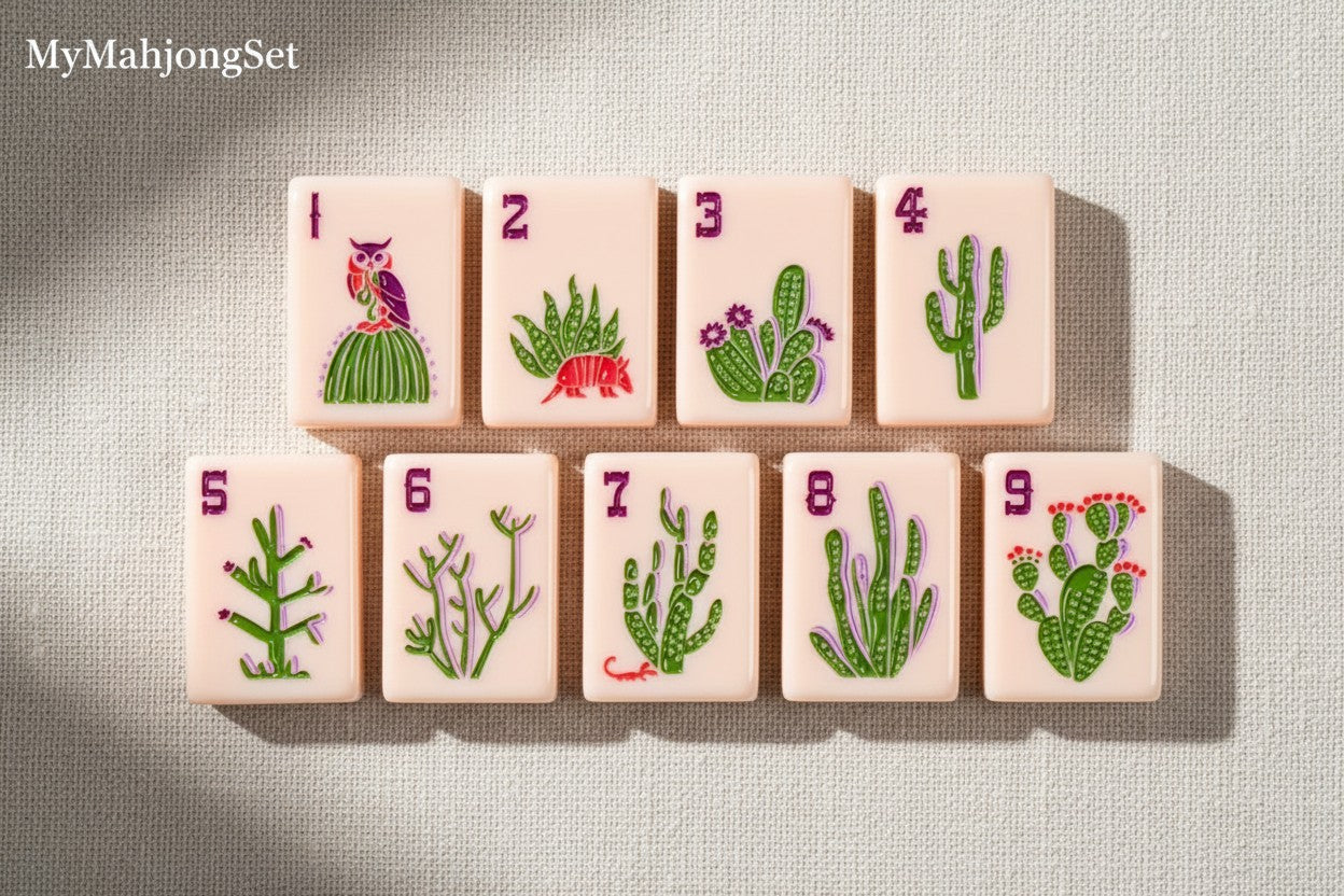 MyMahjongSet luxury pink acrylic mahjong tiles featuring detailed western cowboy and desert cactus illustrations