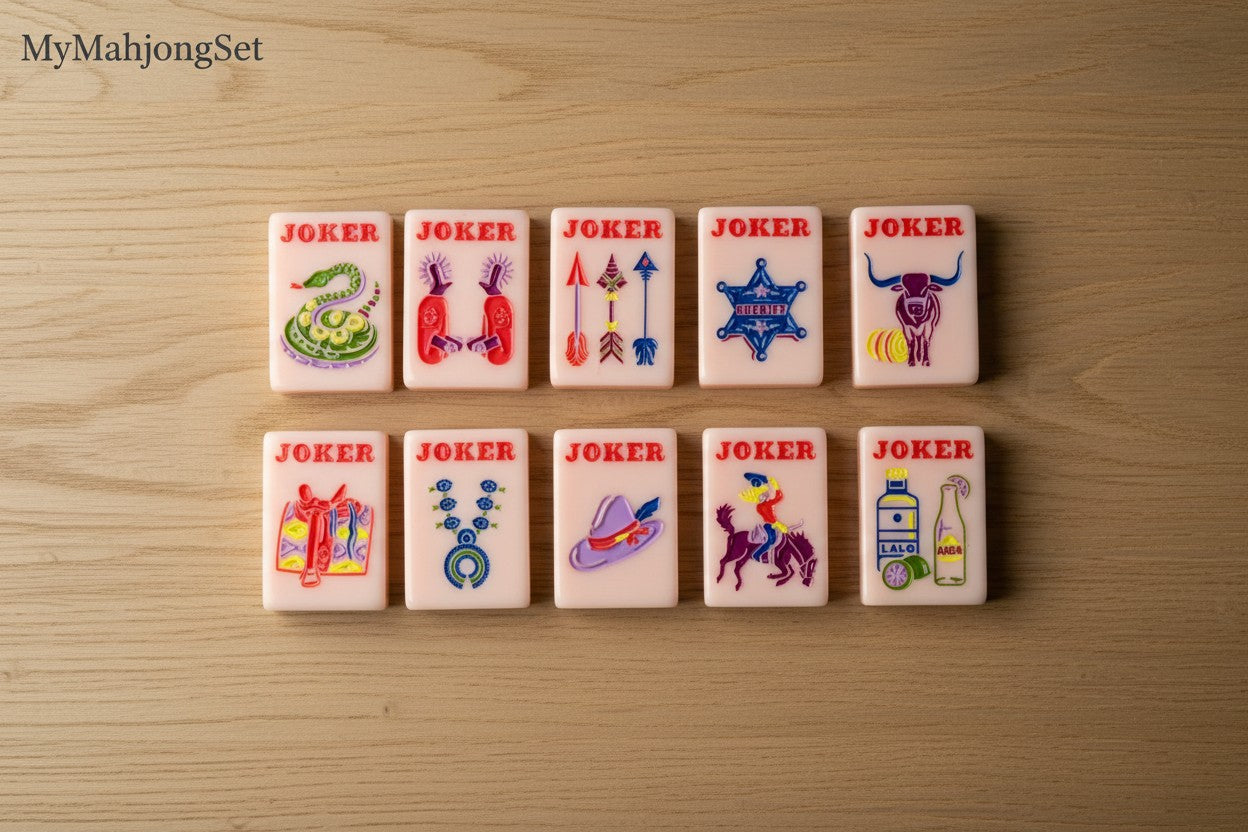MyMahjongSet pink acrylic American mahjong tiles featuring Western cowboy and ranch-themed Joker designs