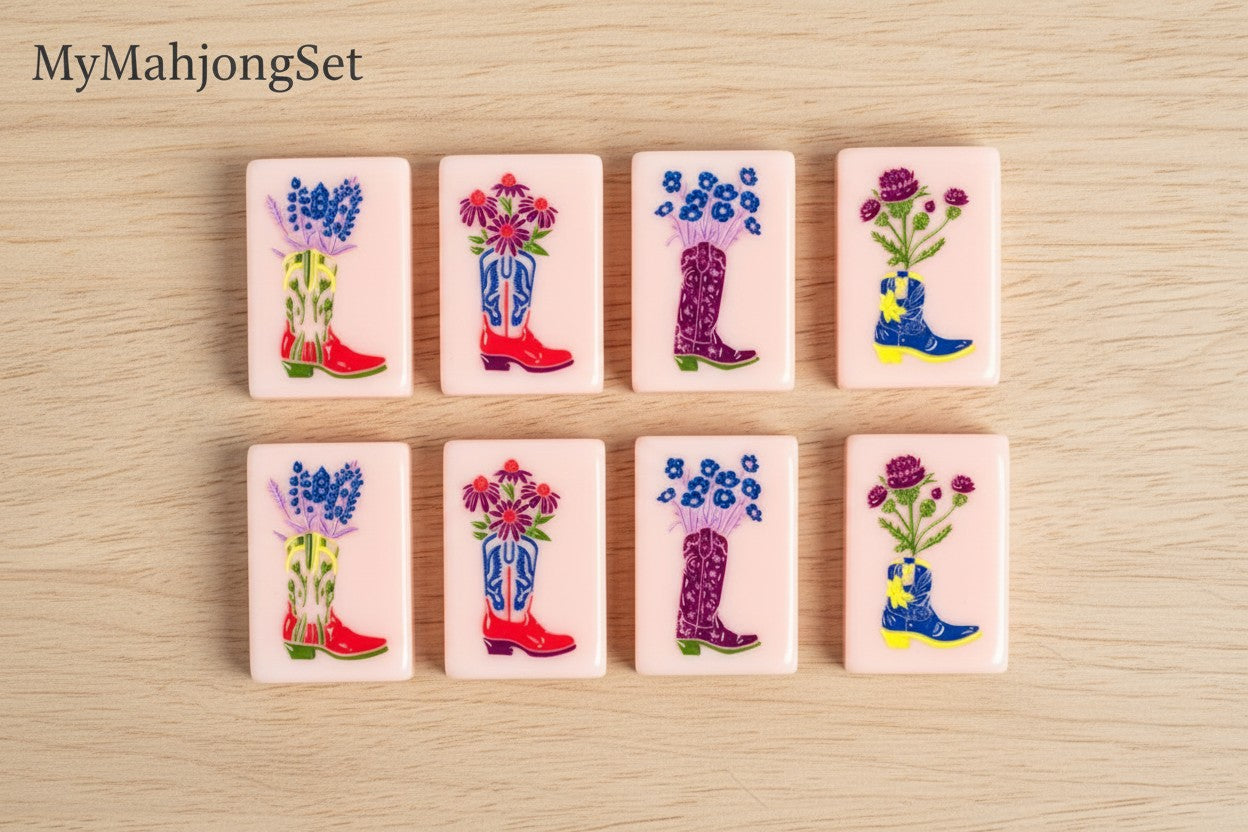 MyMahjongSet pink acrylic mahjong tiles featuring colorful cowboy boot and floral designs for a western ranch theme.