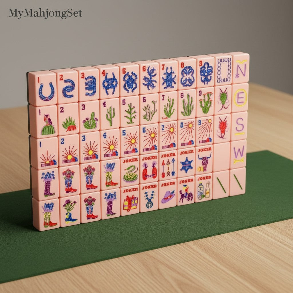 MyMahjongSet pink acrylic American mahjong tiles with Western cowboy ranch themed illustrations on a green mat
