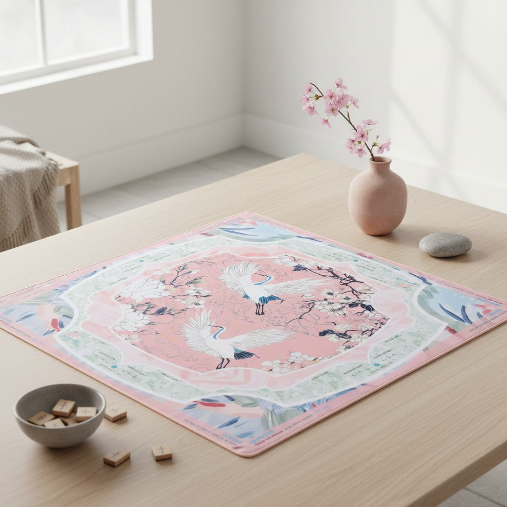 Pink American mahjong mat featuring crane and cherry blossom patterns, styled on a wooden game table
