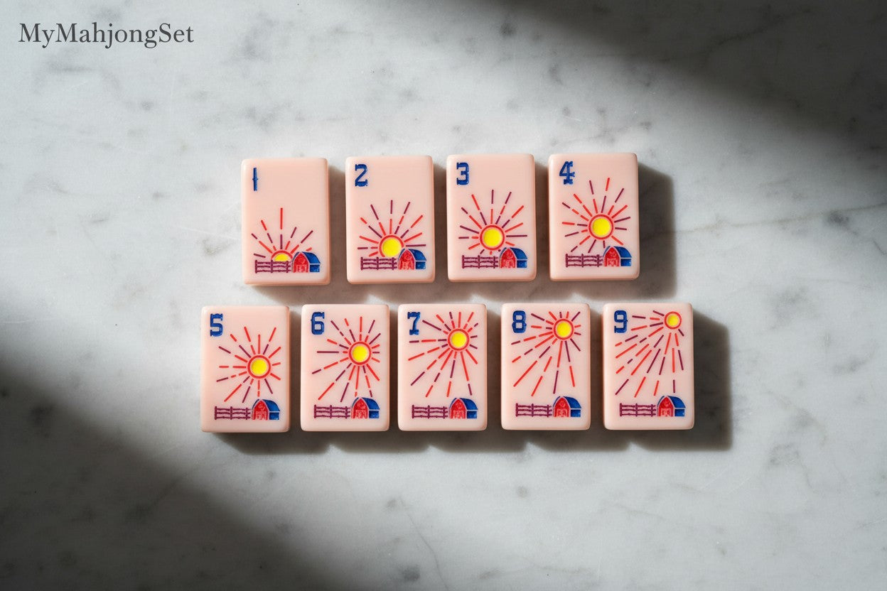 MyMahjongSet pink acrylic American mahjong tiles featuring a western ranch sunrise design with numbered barns