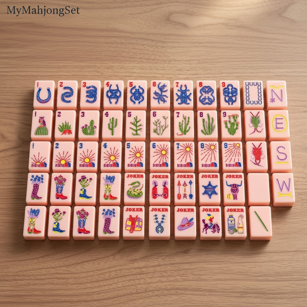 MyMahjongSet pink acrylic American mahjong tiles featuring western cowboy ranch themed illustrations and joker cards