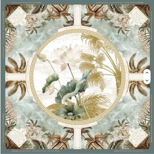 Sage green American mahjong mat with a gold palm leaf border and a lotus and crane medallion design