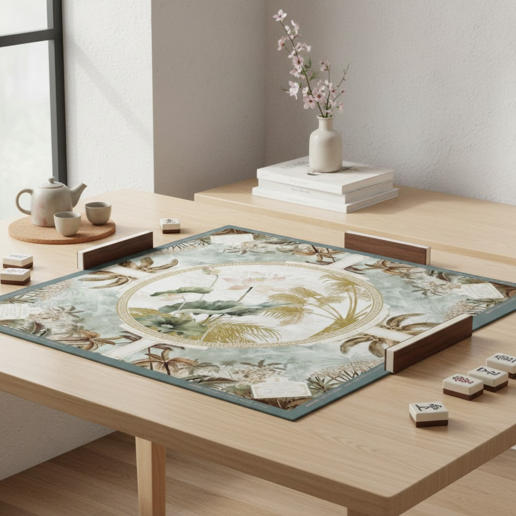 Sage green lotus print American mahjong mat styled on a wooden table with mahjong tiles and a tea set