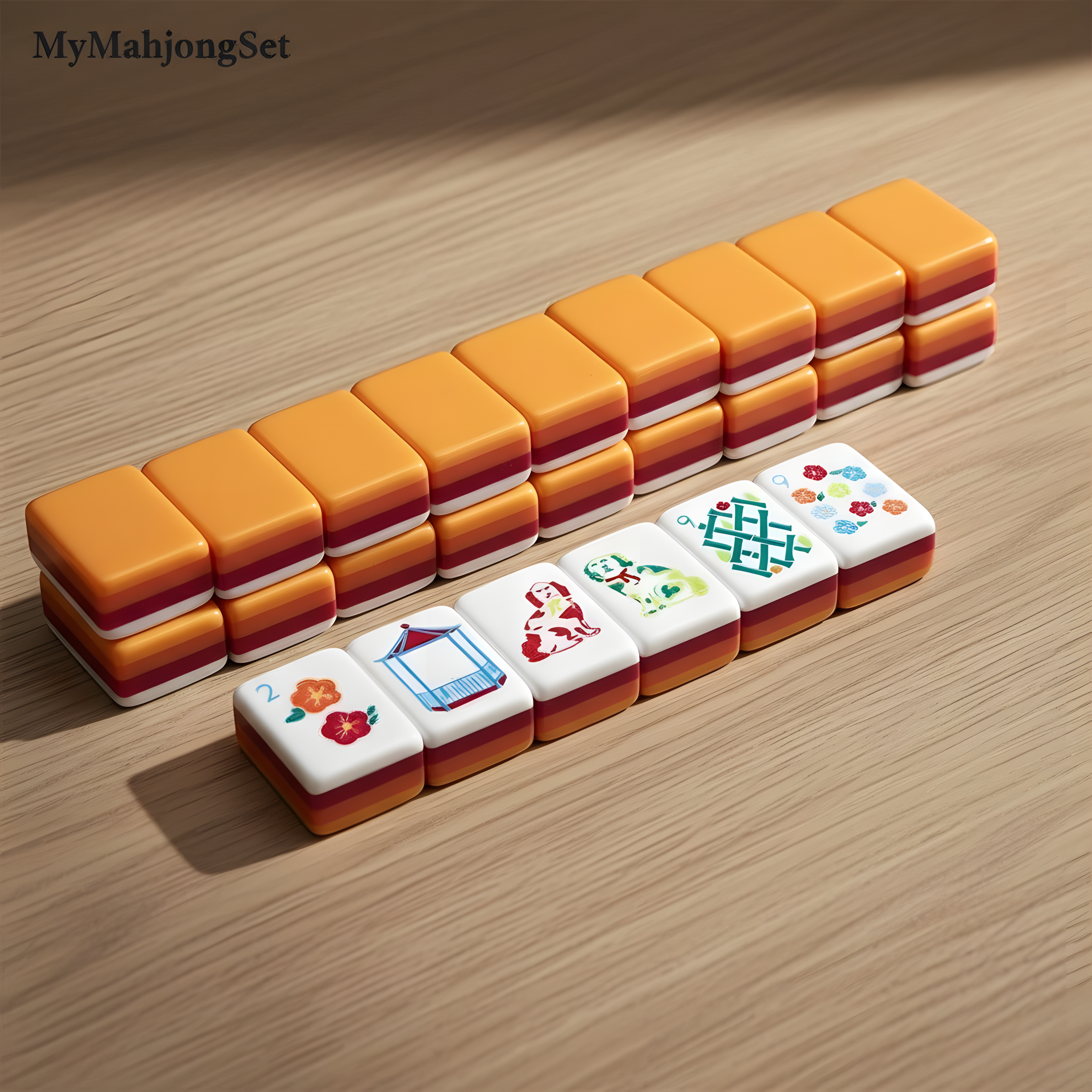 Close-up of American mahjong tiles showing the sunset color-blocked layers and tile designs