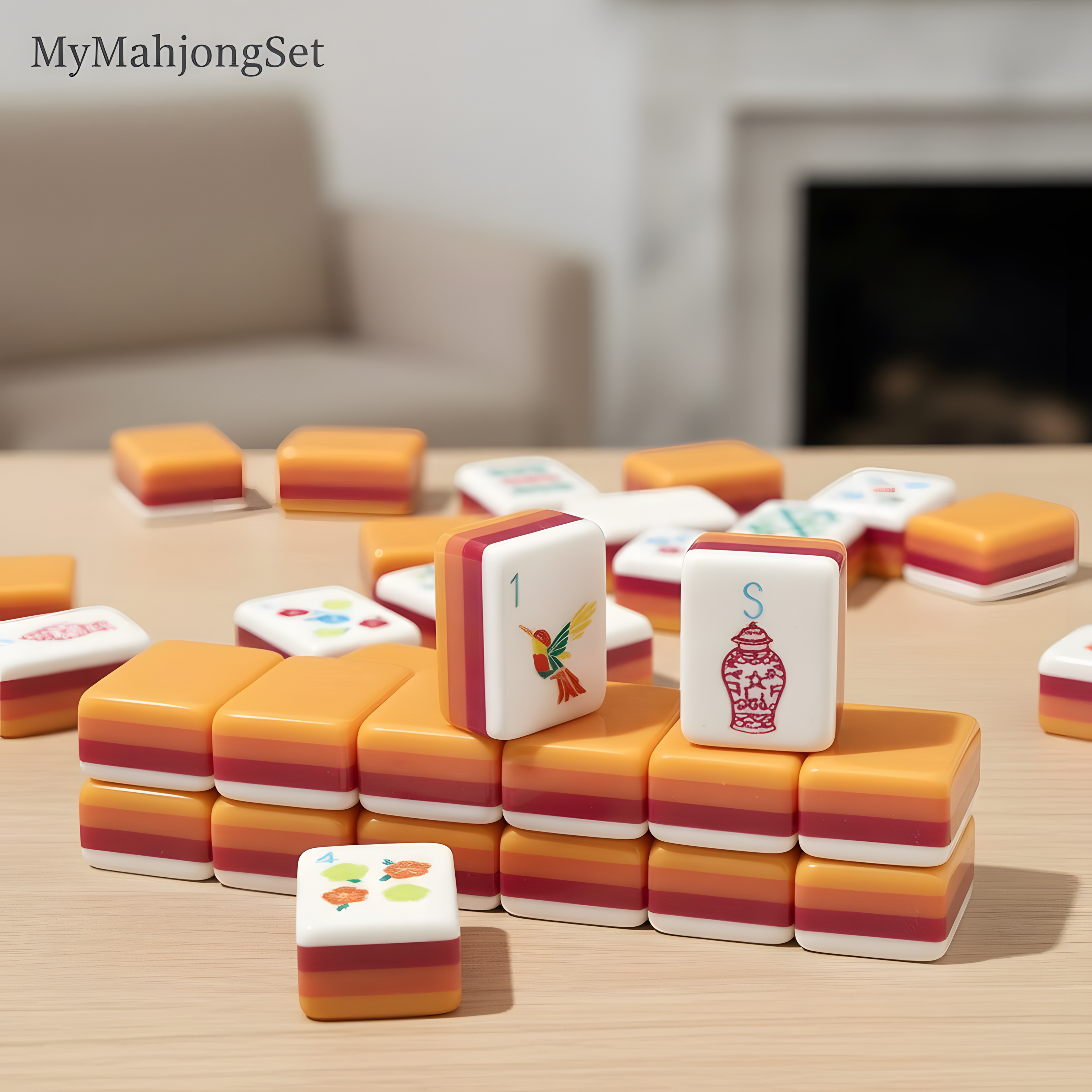 American mahjong tiles set with a sunset hummingbird design, arranged on a wooden table