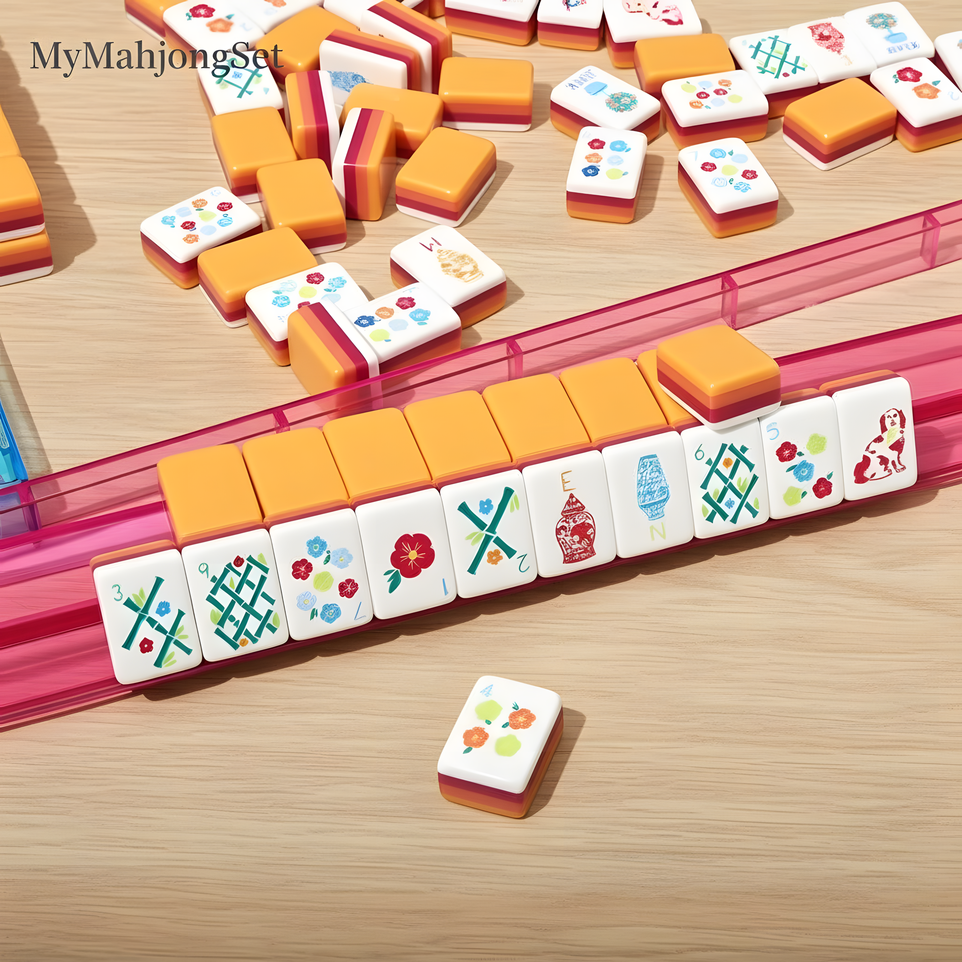 American mahjong tiles arranged in a row on a wooden table showing the sunset hummingbird design