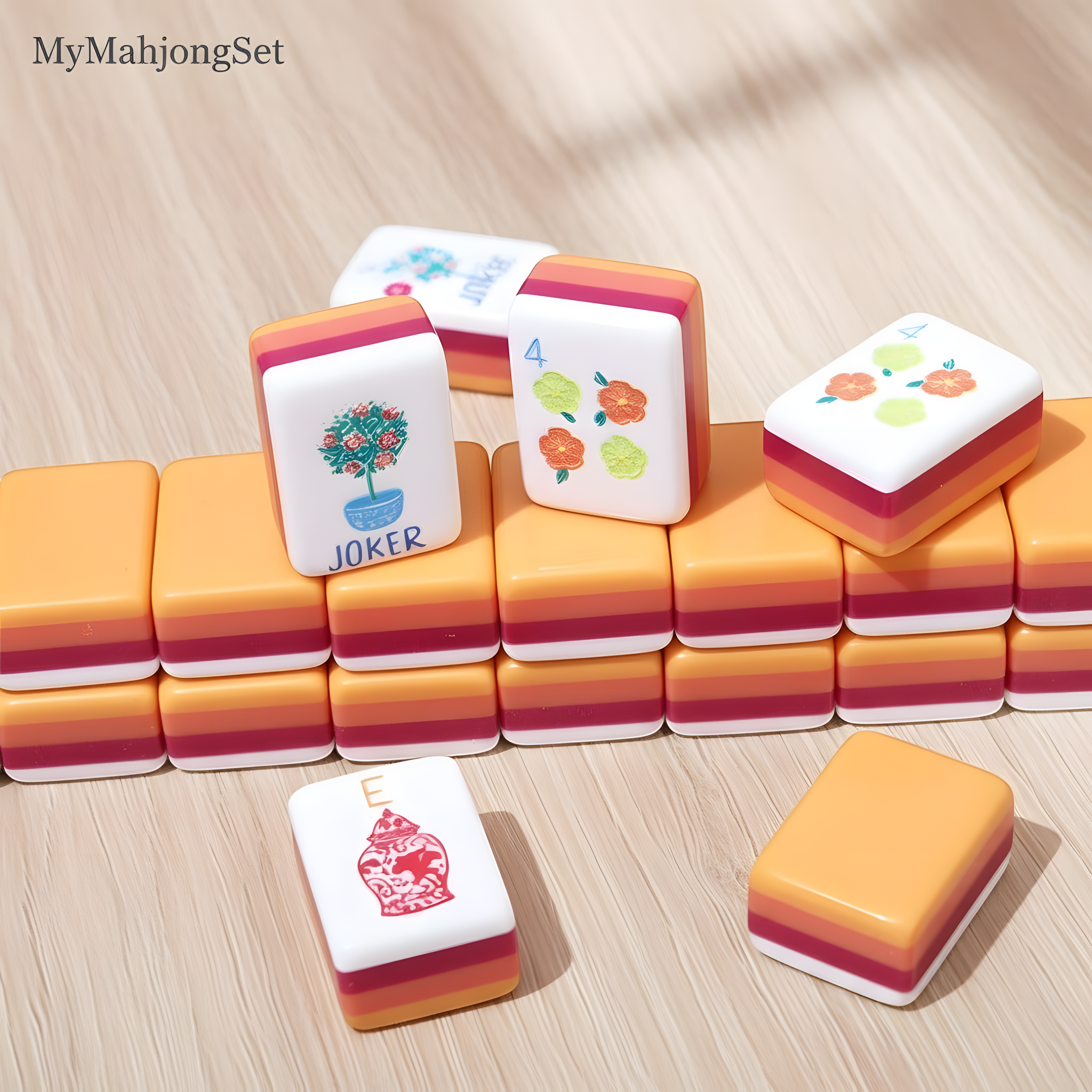 American mahjong tiles stacked showing the orange, red, and white color-blocked layers