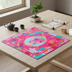 Teal-bordered American mahjong mat with a pink and white floral medallion design