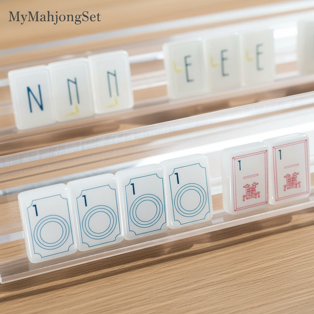 MyMahjongSet white pearl acrylic mahjong tiles with blue and red engravings displayed on clear racks