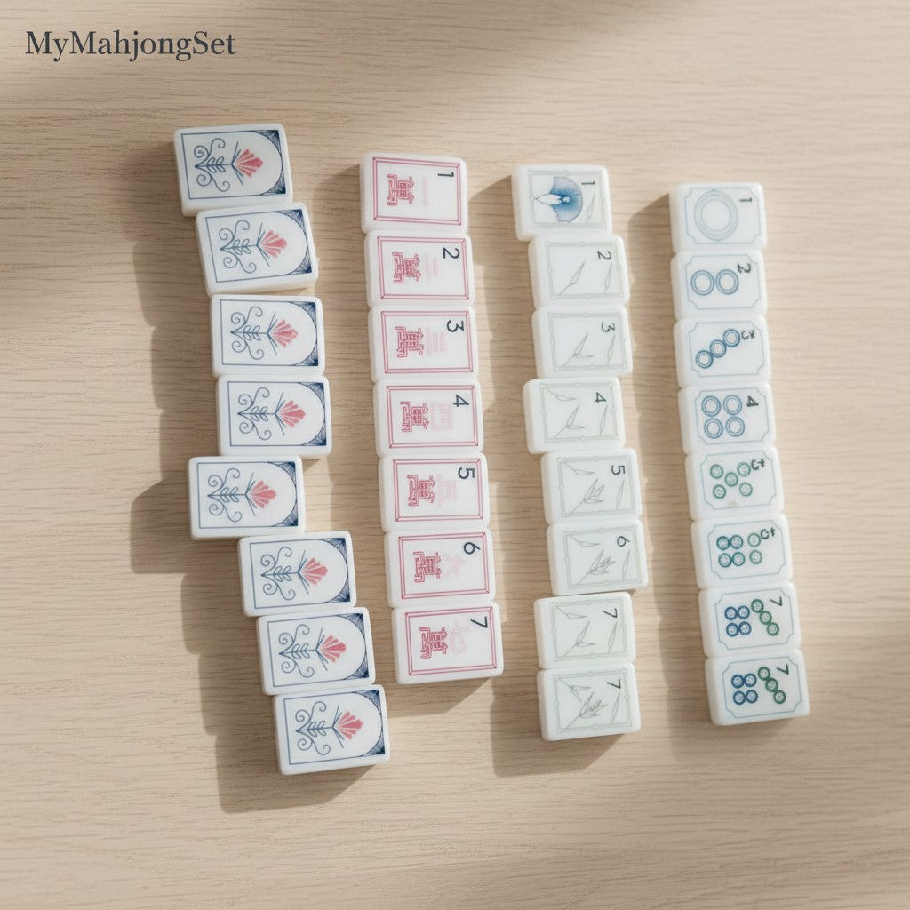 MyMahjongSet white pearl acrylic mahjong tiles with floral and numerical designs arranged on a wooden table.
