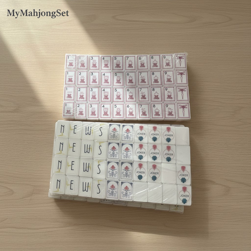 MyMahjongSet American mahjong tiles with a white pearl finish, featuring engraved characters and symbols.