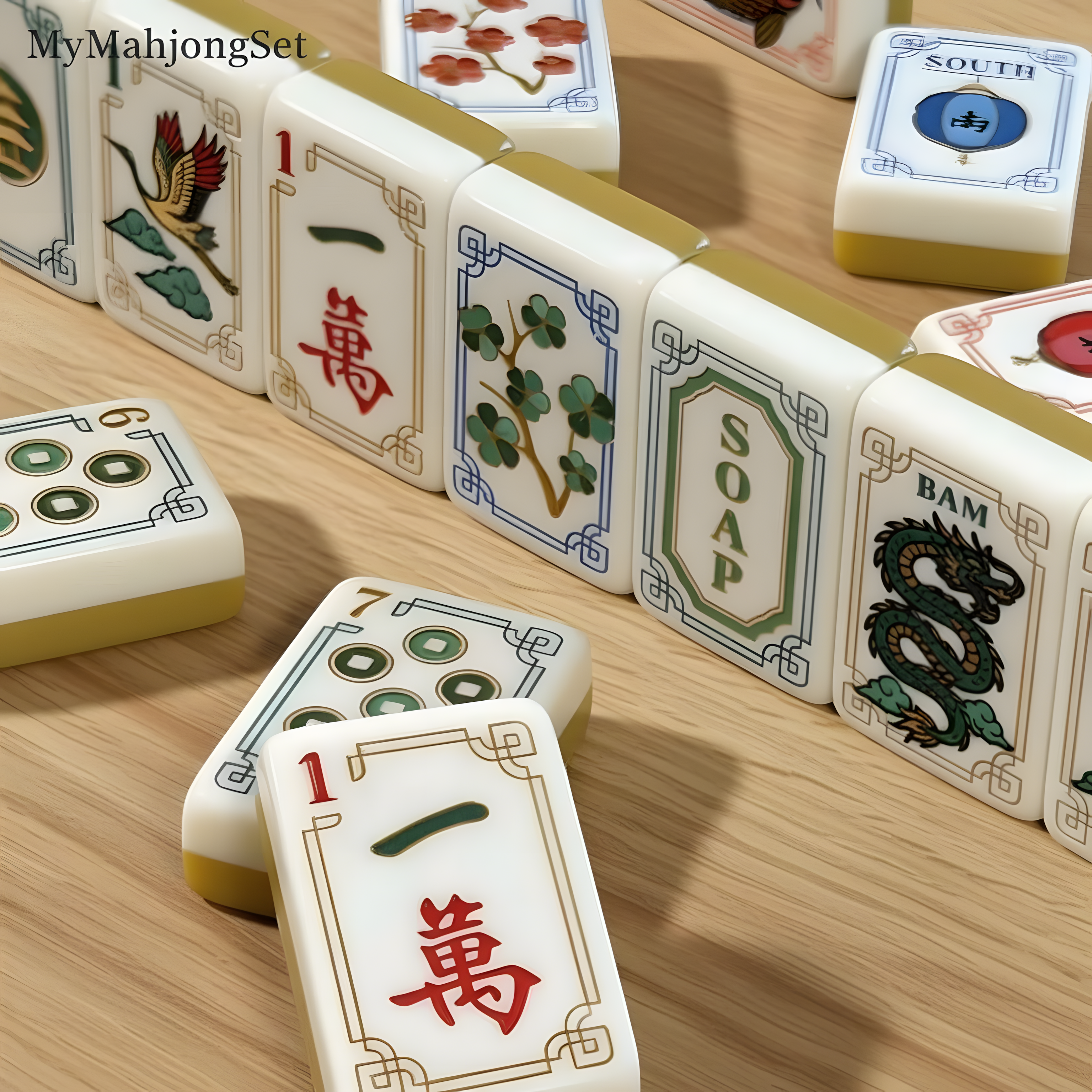 American mahjong tiles laid out showing numbered and suit tile designs in an elegant ivory acrylic finish