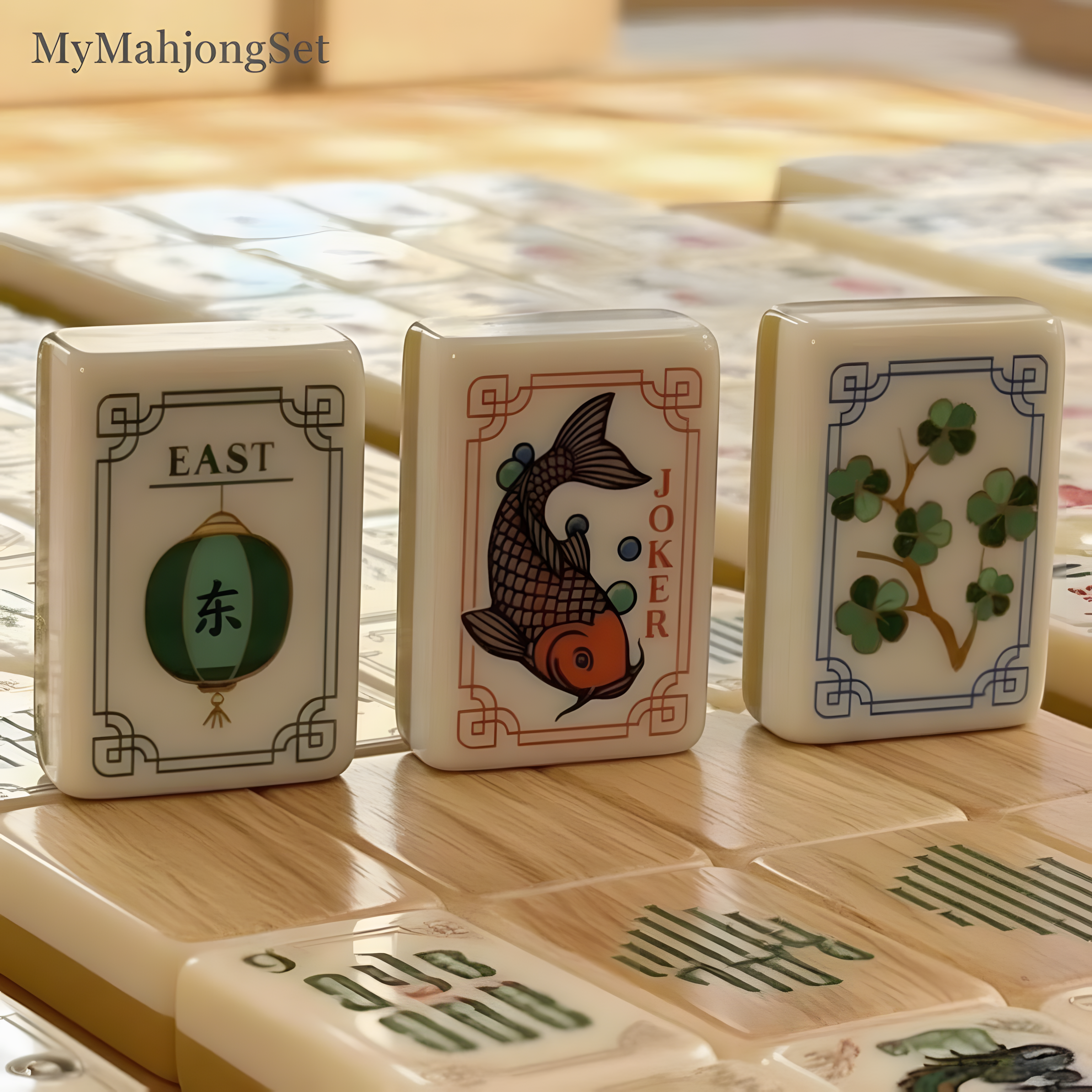 American mahjong tiles standing upright showing dragon tile illustrations in an elegant ivory finish