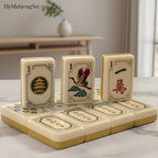 American mahjong tiles displayed on a wooden table, styled with minimalist decor