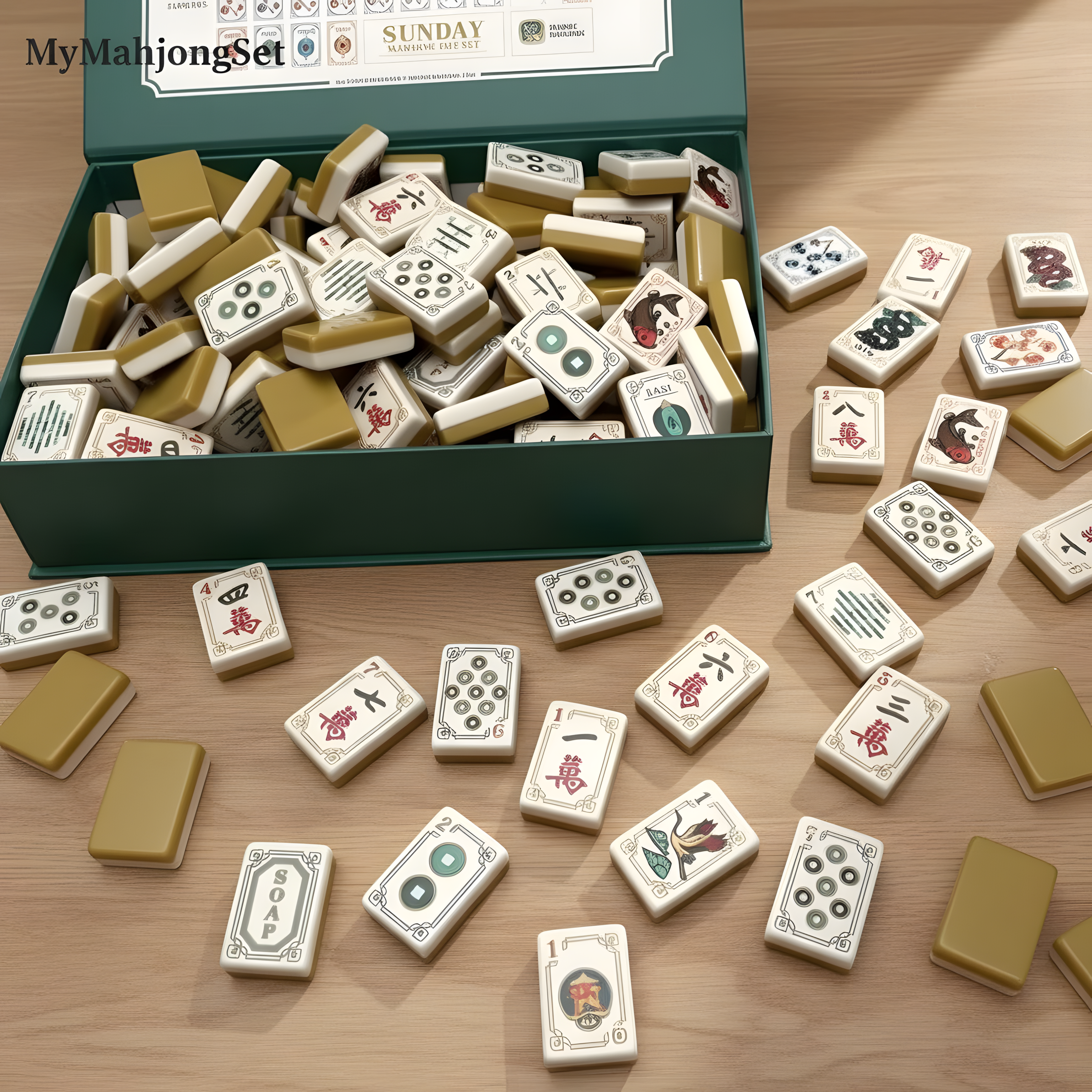 American mahjong tiles in a storage tray, showing the full set of ivory acrylic mahjong tiles