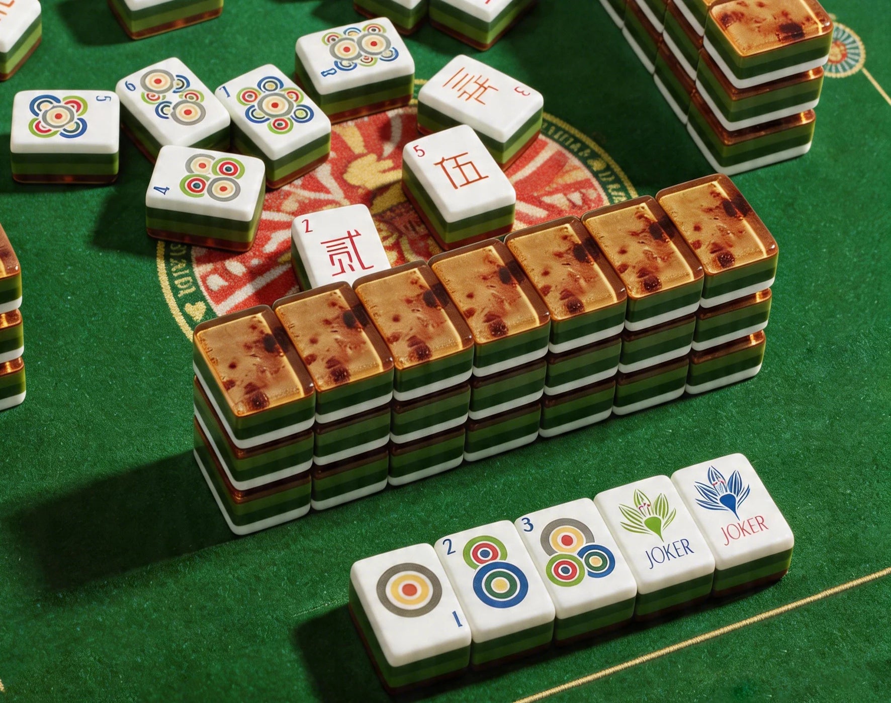 Top view of an American Mahjong set featuring premium wood grain Mahjong tiles